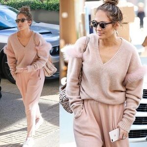 LAPOINTE Fox Fur Trim V Neck Cashmere Silk Pullover Sweater M/L